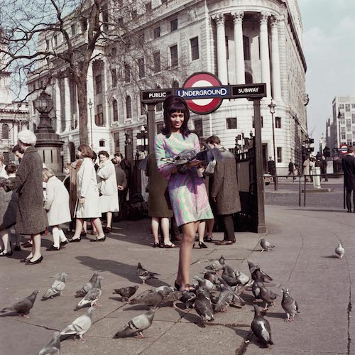 Drum Cover Girl Marie Hallowi at Charing Cross Station London 1966. Courtesy of Autograph ABP